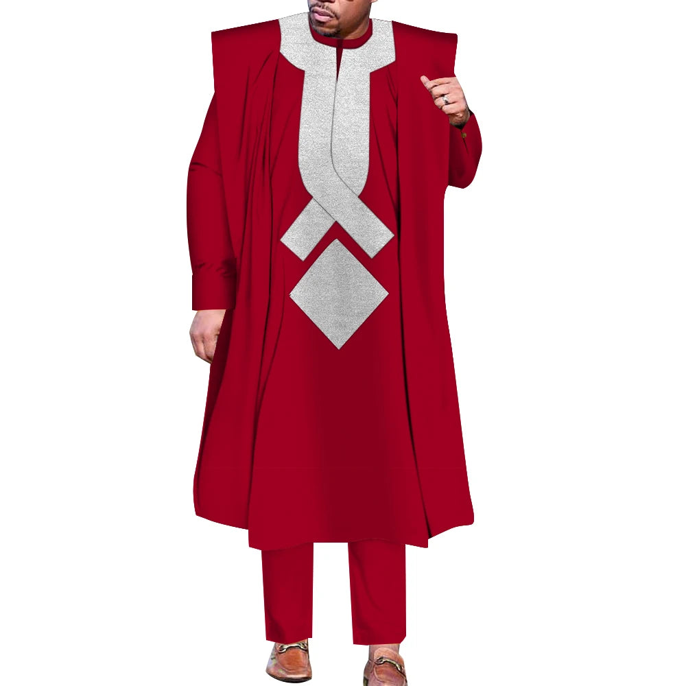 African Men Boubou Dashiki Agbada Robe Suits 3 Piece Sets Slim Men African Outfit Nigerian Clothes Bazin Riche Robe WYN1361