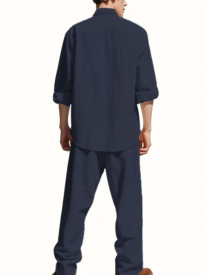 Men's White Linen Suit Set Long Sleeve Henley Shirt and Elastic Waist Pants Two Piece Outfit Summer Casual Comfortable