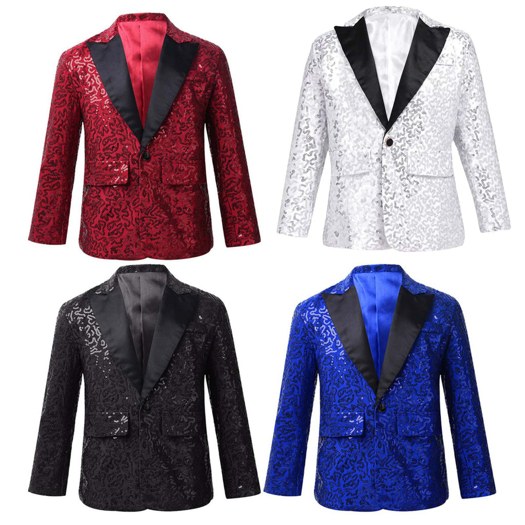 Kids Boys Fashion Shiny Sequins Lapel Suit One Button Jacket Coat Blazer Tuxedo for Wedding Birthday Party Stage Performance