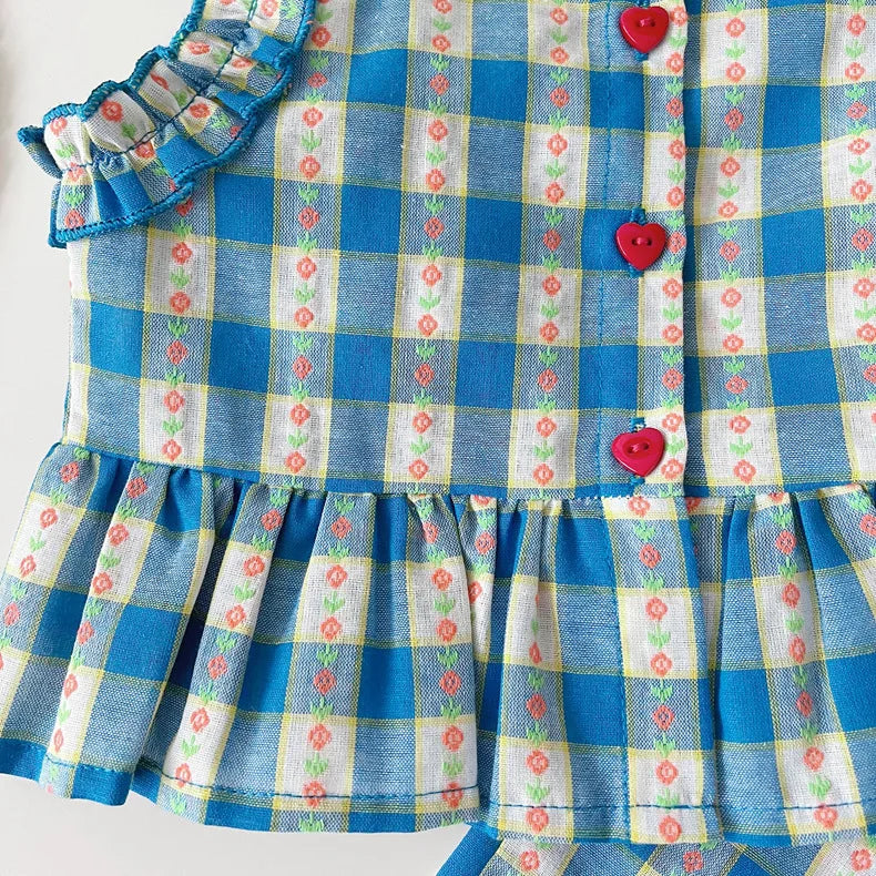 Girls 3-Piece Outfit Set – Blue Plaid Floral Sleeveless Top + Wide Leg Pants & Shorts, Summer Mix & Match Clothes