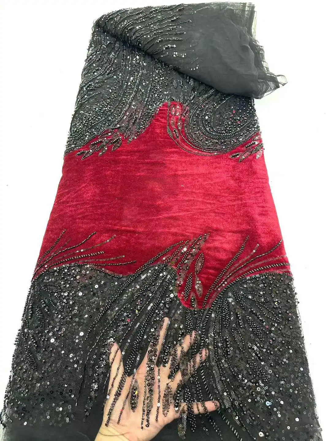 2026 African Nigeria High-Quality Velvet Beaded Sequins French Tulle Lace Fabric Dress Nigerian 5 Yards For Wedding Party Women