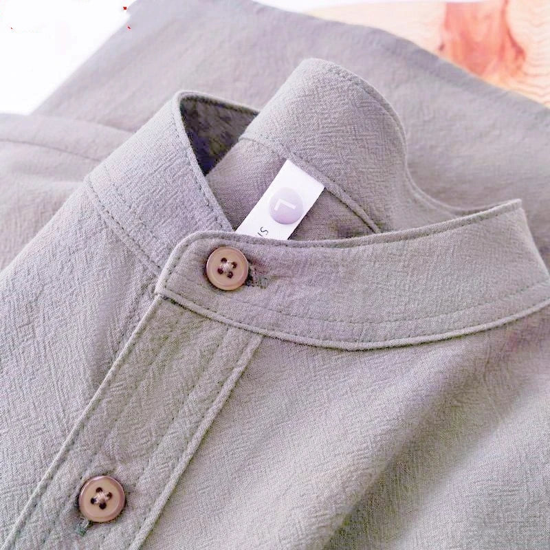 2026 Japanese Stand-up Collar Short-sleeved Shirt Men's Henry Collar Cotton Linen Round Neck Five-point Sleeve T-shirt