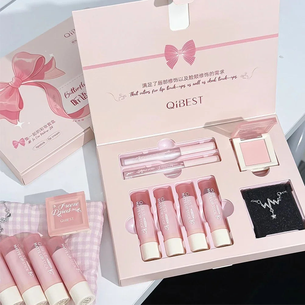 8Pcs Makeup Set Include 4pcs Velvet Nude Matte Liquid Lipstick And 1pc Face Blush Palette With Necklace Gift Cosmetics