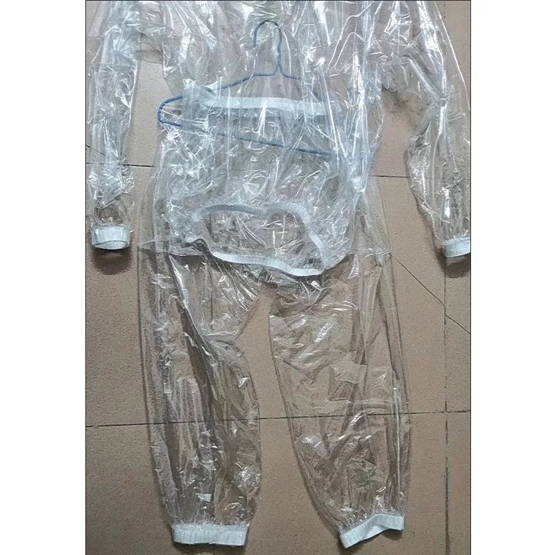 2-piece Men Women Set See Through Plastic Hooded T-shirt Pants Rainproof Long Sleeve Hoodie Trouser Waterproof Costumes