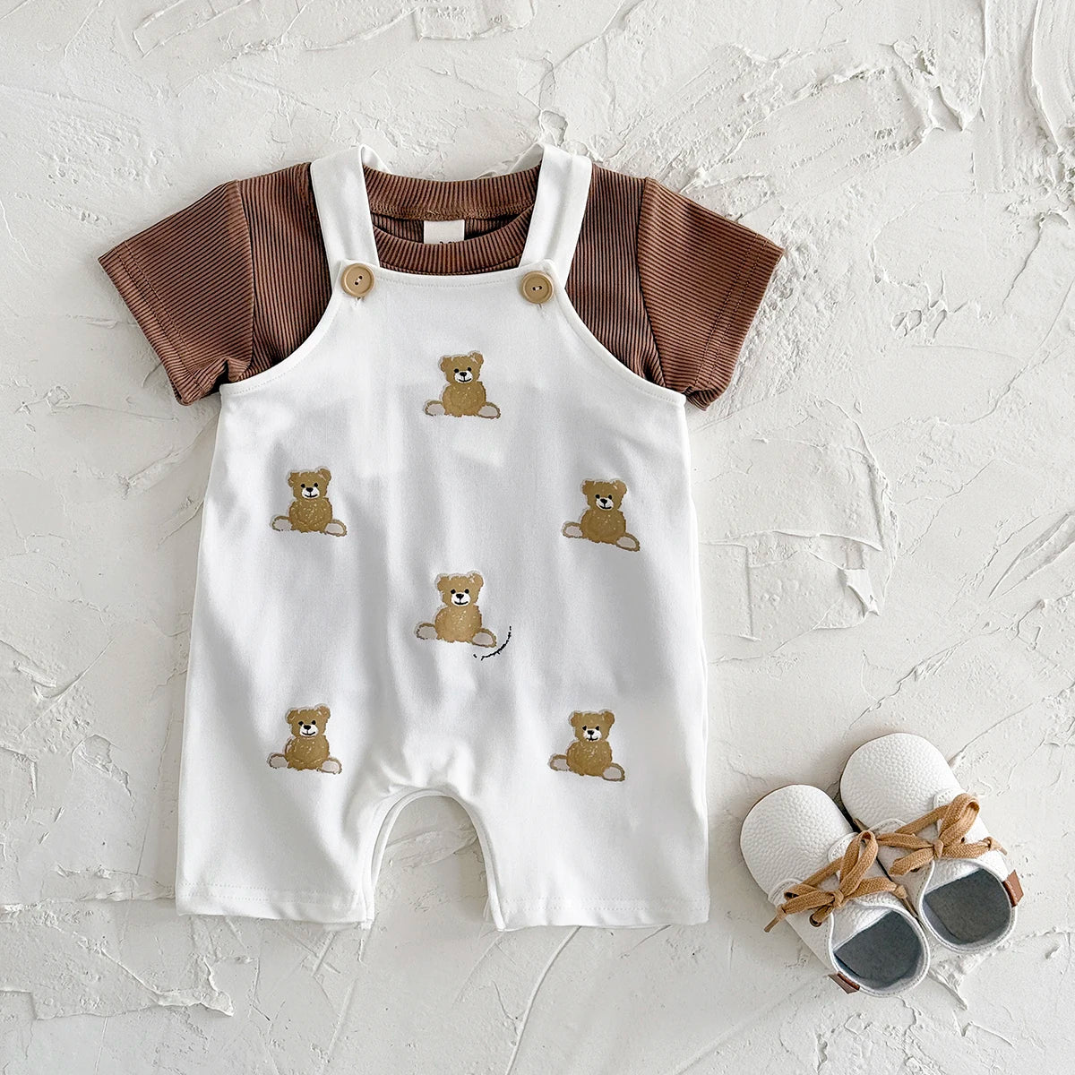 INS Summer Baby Girls Clothes Bear Patchwork Romper Baby Boys Bodysuit Clothes+White T-shirt Newborn 0 to 18 months 2Pcs/Set