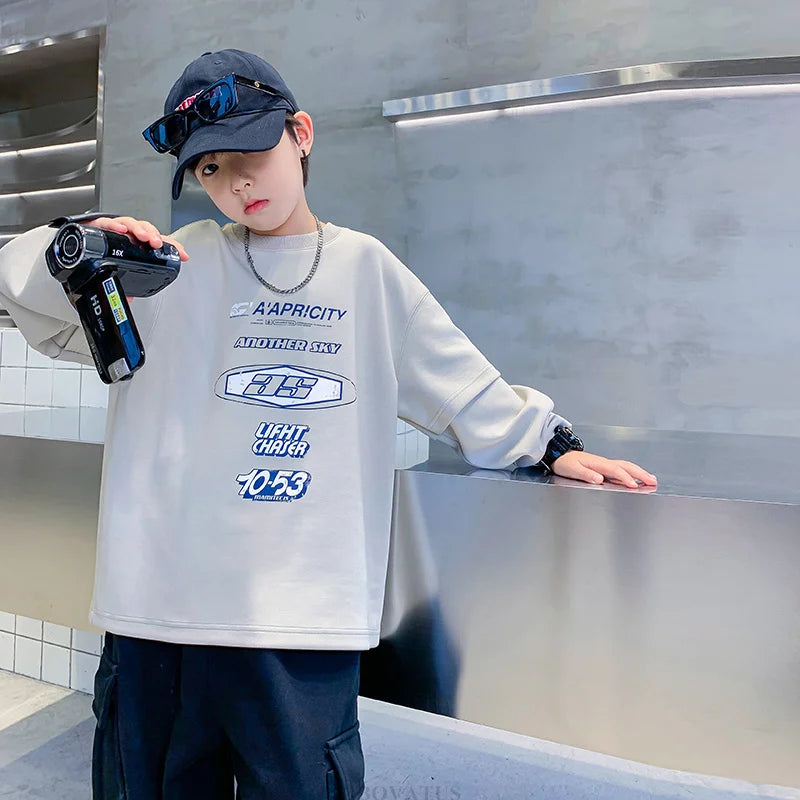 Teenage Kids Tshirts New Spring Fall Clothes Fashion Letter Fake Two Piece Sleeve Costume T-shirt Child Cotton Boy Tees Tops