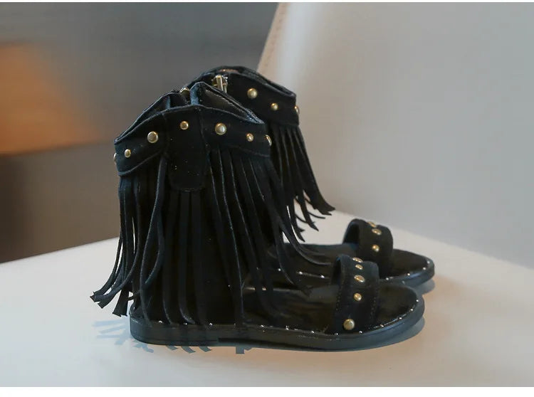 Sandals for Girl Summer New Fashion Strap Roman Sandals with Tassel Rivet Girl Shoes Personalized Kid Cool Boot Sandalias Mujer