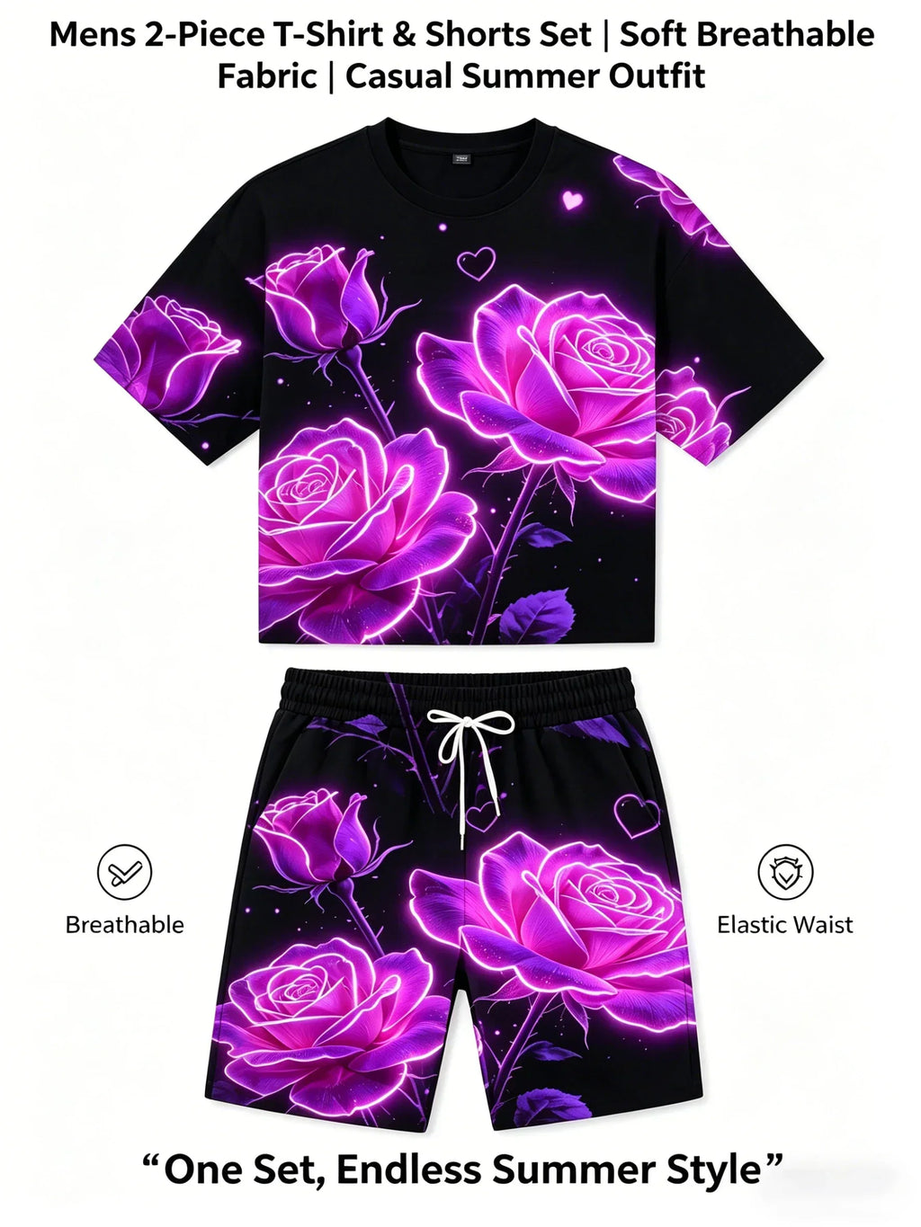 Summer Men's 2-Piece Print Set Casual Loose T-Shirt & Elastic Waist Shorts Outfit