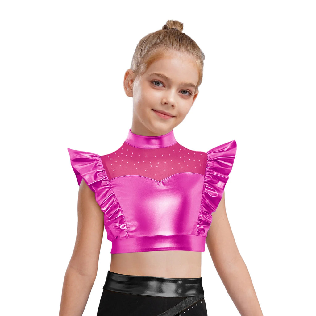 Kid Girls Hip Hop Dance Clothes Kids Jersey Sequin Tiered Skirt Long Tank Top Jazz Metallic Holographic Crop To Cheerleading Set
