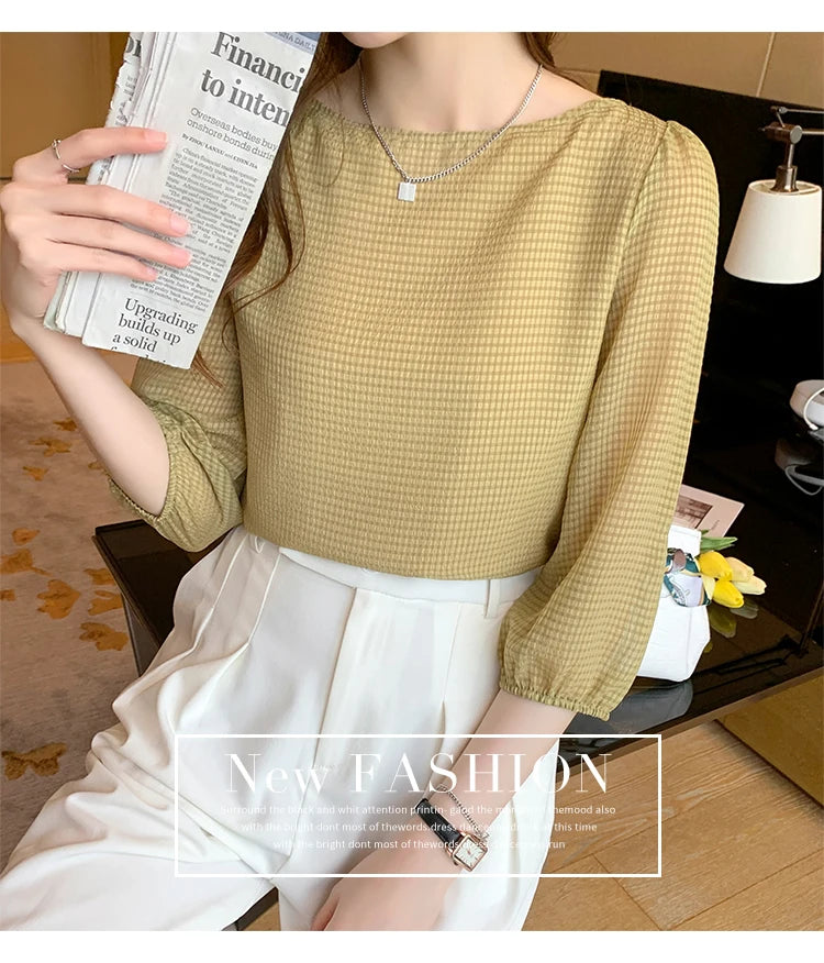 Blusas Para Mujer 2026 New Women Blouse Shirt O-Neck Black Chiffon Blouse Shirt Women Tops Blouses Shirts Blusas Camisas E474