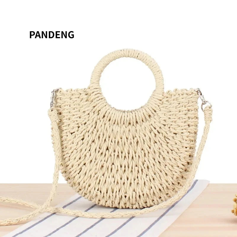 Ladies Beach Holiday Retro Woven Shoulder Bag Women Summer Woven Simple Handbag Female Casual Beach Portable Crossbody Bags Lady