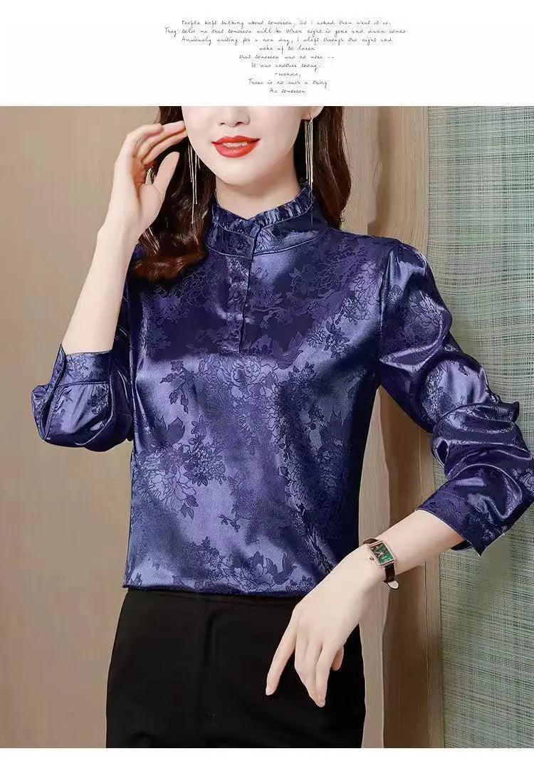 Premium Satin Blouse Women Spring Age-Reducing Print Loose Long Sleeve Top Fashion Elegant Collar Shirt