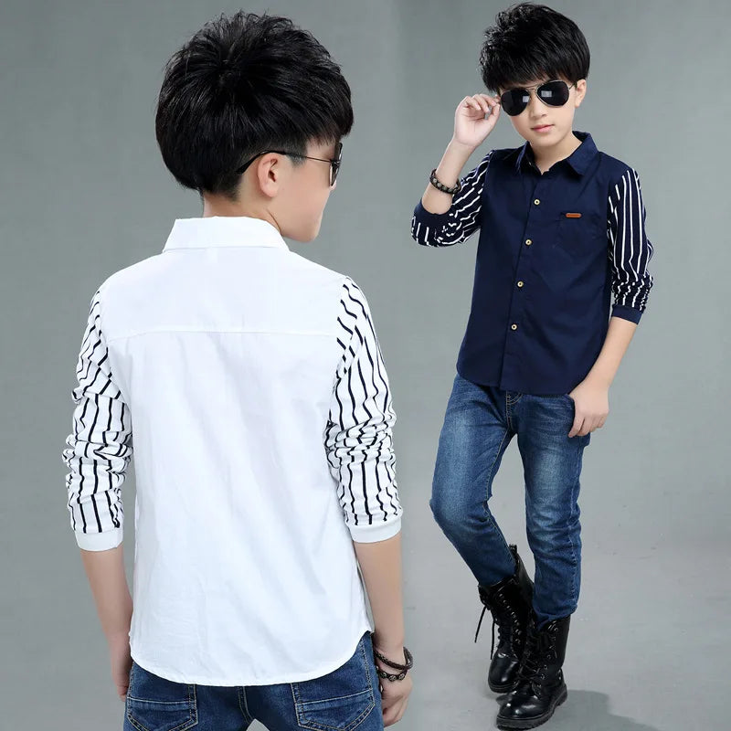 Boys Blouses And Shirts Children's Stripe Top 2024 Spring Autumn Casual White Polo Shirts Teenager School Brand Outerwear Cotton