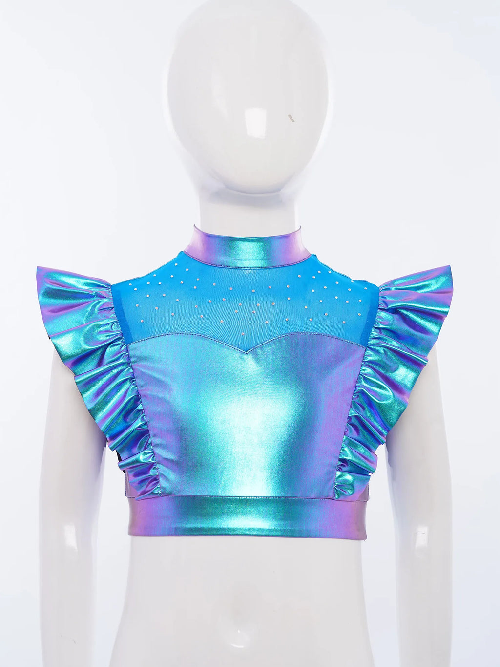 Kids Girls Metallic Shirts Party Disco Jazz Dance Tops Mock Neck Mesh Splice Shiny Rhinestone Sleeveless Ruffle Tank Crop Tops