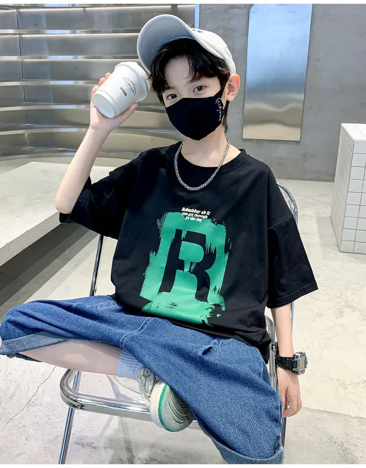 New Kids Boy Casual Tshirts Tops Novelty Printed Summer Children's T-shirt Short Sleeve Clothes Teenager Khaki Black Cotton Tees