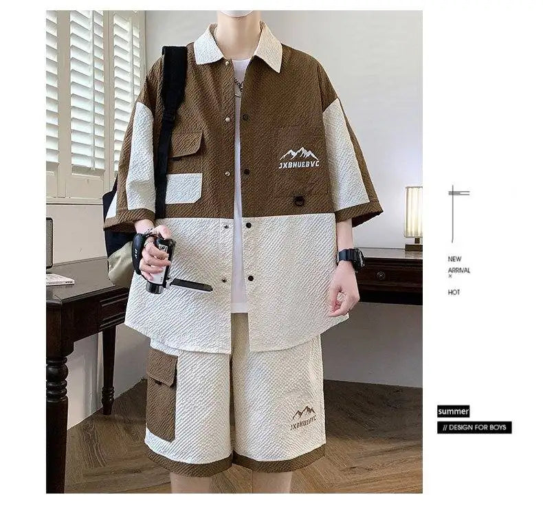 Men's 2 Piece Matching Set Short Sleeve Button Down Shirt + Cargo Shorts Textured Color Block Outfit Loose Fit Summer Lounge Set