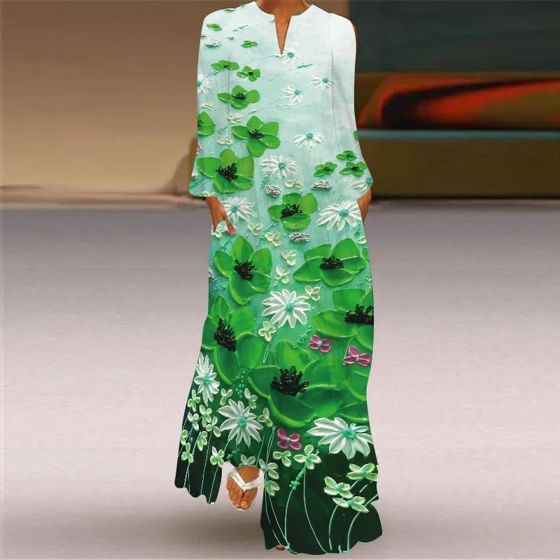 Summer Dress Woman 2025 New Long Dress Party Travel Photography 3D Printing Dress Red Long Sleeve V-neck Elegant Pocket Dresses