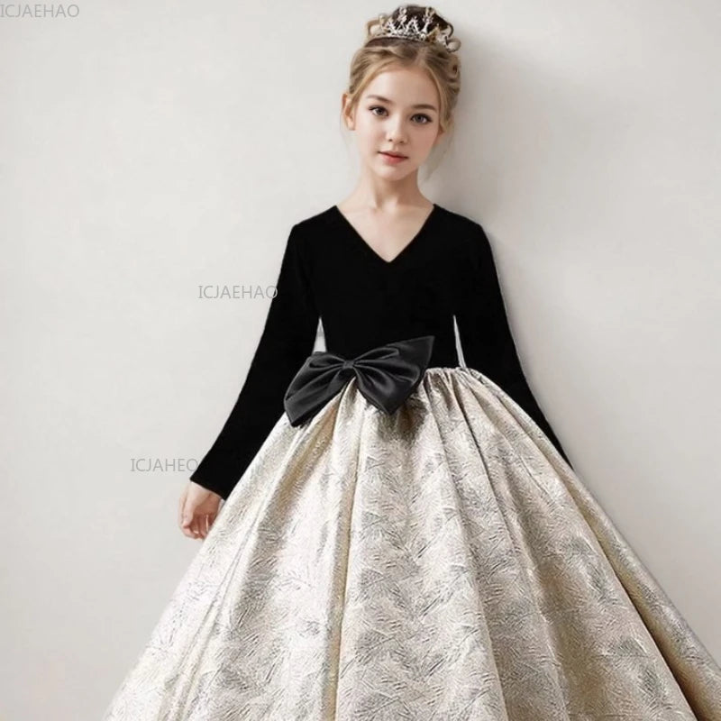 Girls Long Sleeve Black Party Dress New Kids Pageant Gown for Fashion Show Piano Performance Formal Wear Autumn Winter Children