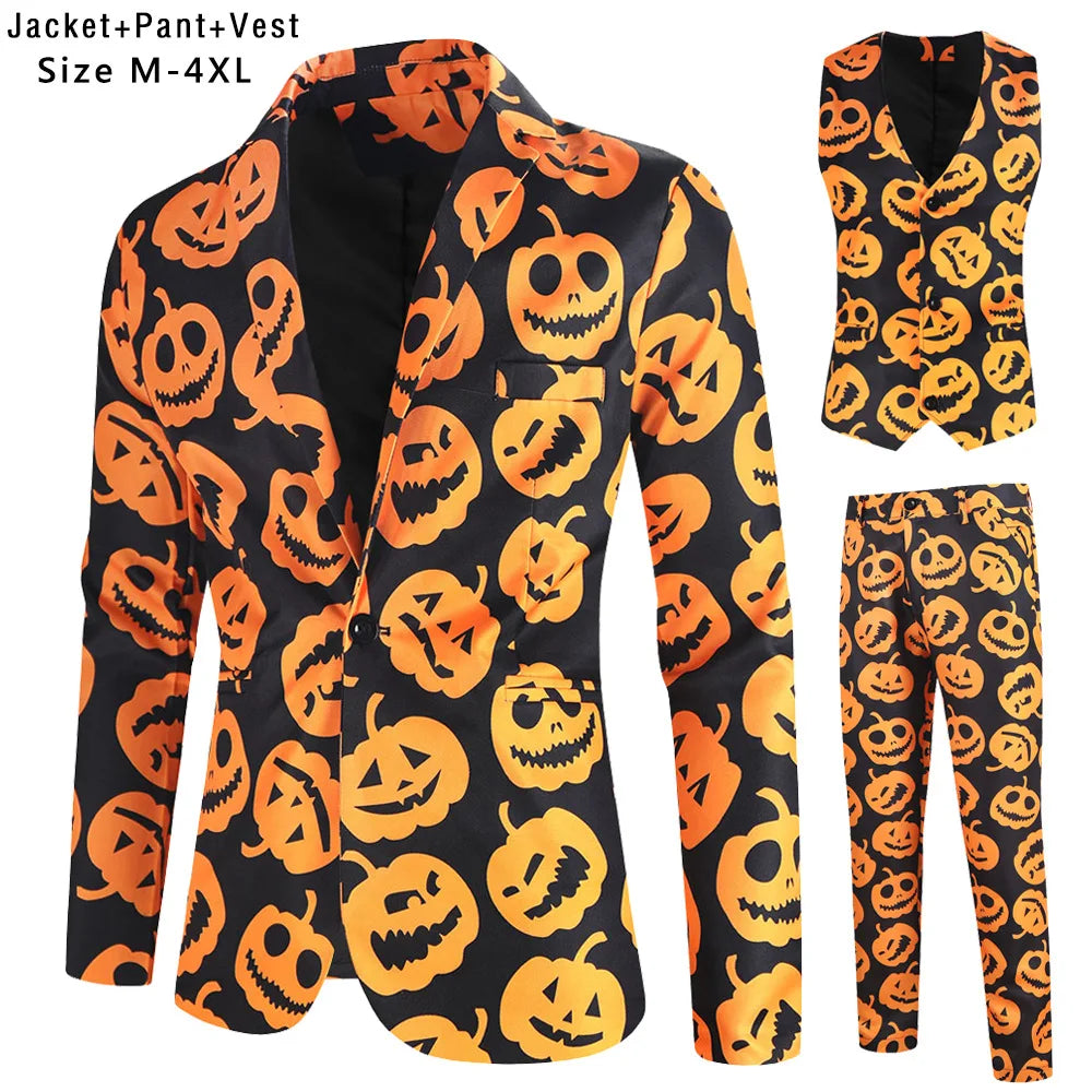 New Men's 3 Piece Christmas Sets Blazers+Vest+Pants 2026 Xmas Printed Men Suit Set Party Stage Dress Up Style Costume Streetwear