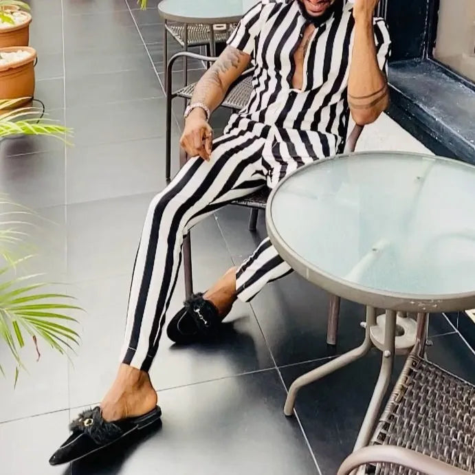 Summer New Men's Fashion Trend Print Shirt Casual Suit V-neck Short-sleeved Trousers Male Streetwear High-quality Two-piece Sets