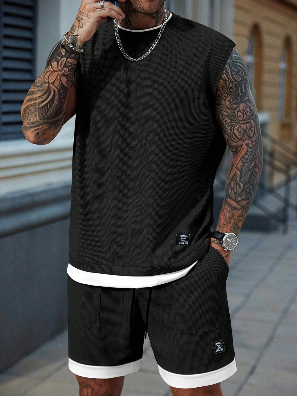 Men's Casual Athletic Set — Knitted fabric with slight stretch; available in medium-to-large sizes. Features a 2-in-1 elastic wa