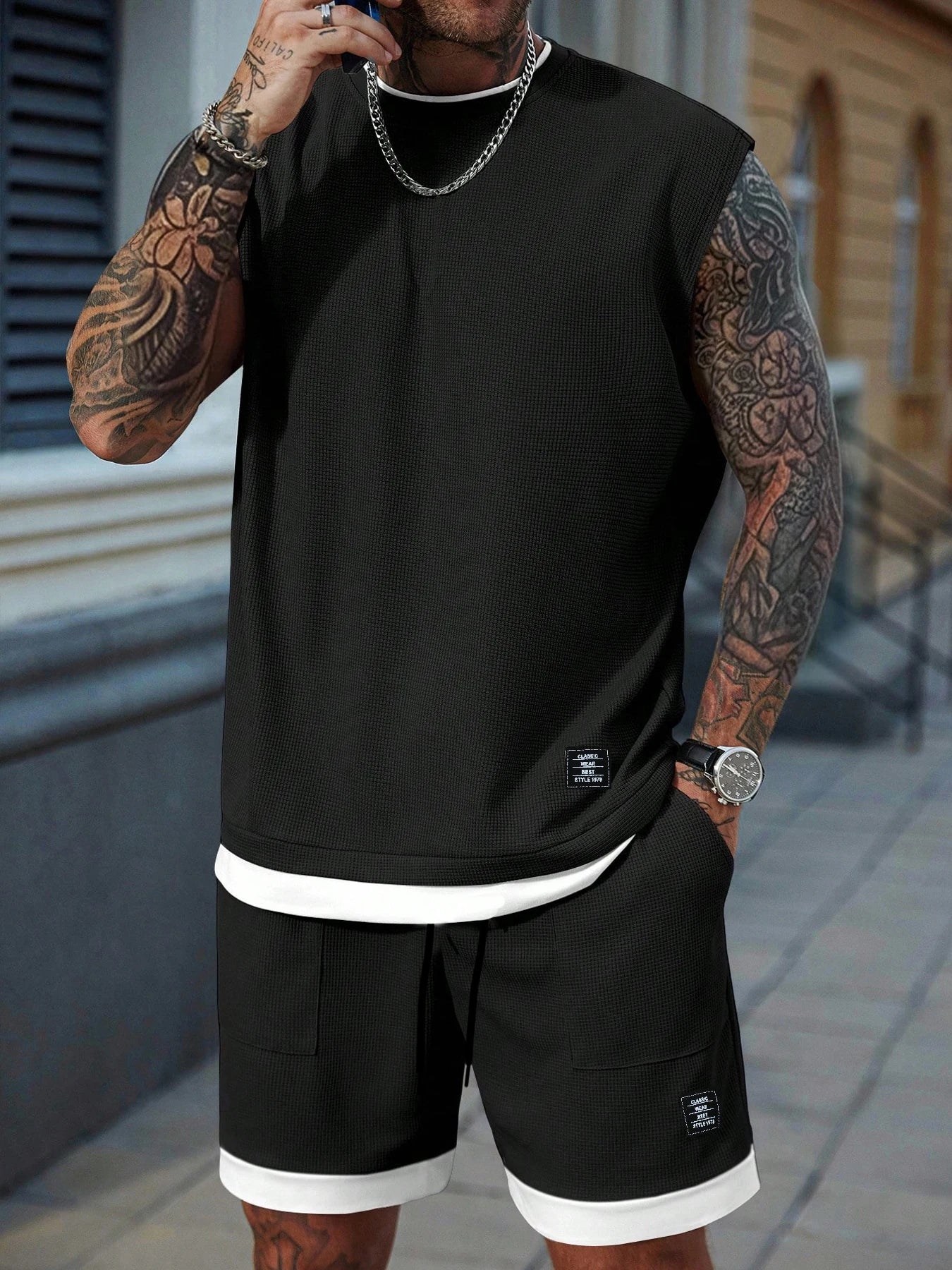 Men's Casual Athletic Set — Knitted fabric with slight stretch; available in medium-to-large sizes. Features a 2-in-1 elastic wa