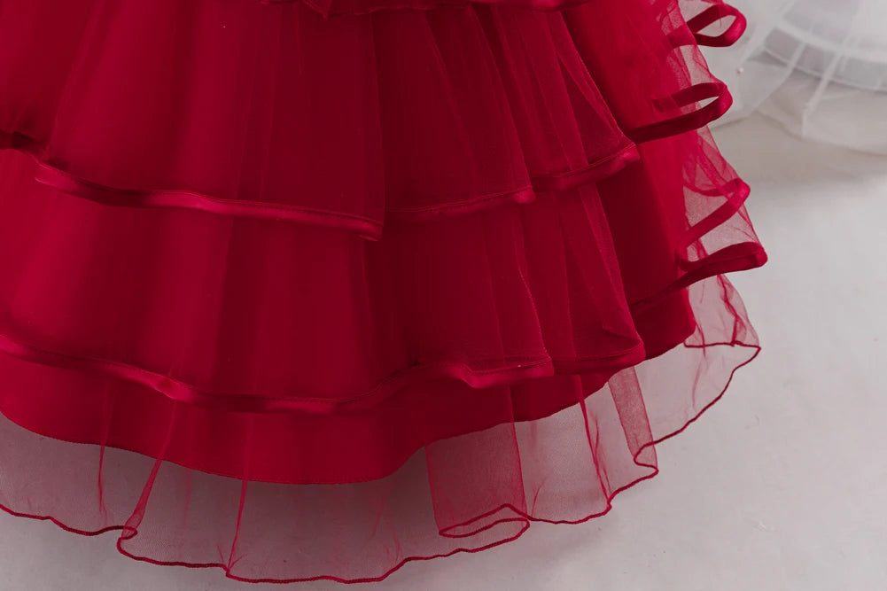 Girls Princess Dress Sleeveless Lace Embroidery Tiered Tulle Bow Formal Evening Gown for Wedding Birthday Party Christmas