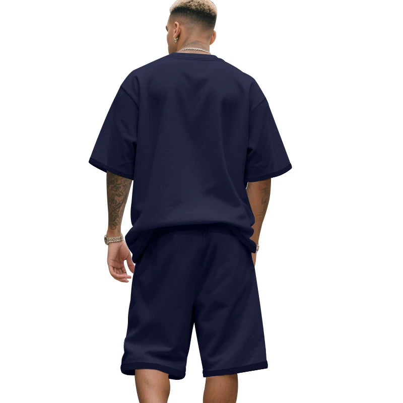 Men's two-piece clothing set, loose round-neck T-shirt and shorts set, casual sportswear, perfect for summer