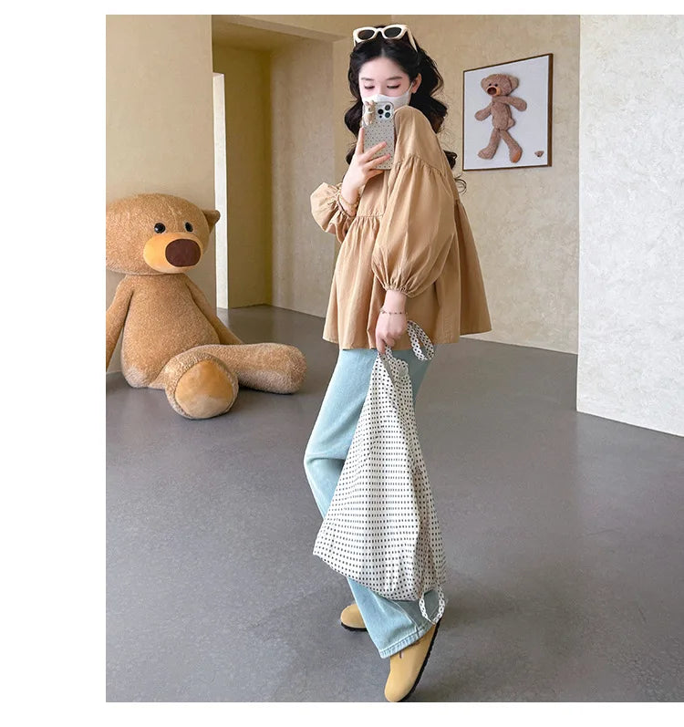 Maternity Blouse Spring Autumn Flower Round Neck Puff Long Sleeve Tops For Pregnant Women 2026 Loose Comfortable