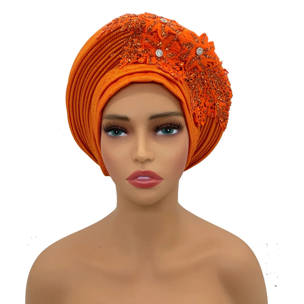 Elegant African Autogele Women's Turban Cap Nigeria Wedding Gele Ready to Wear Headtie with Embroidery Lace Party Headwear