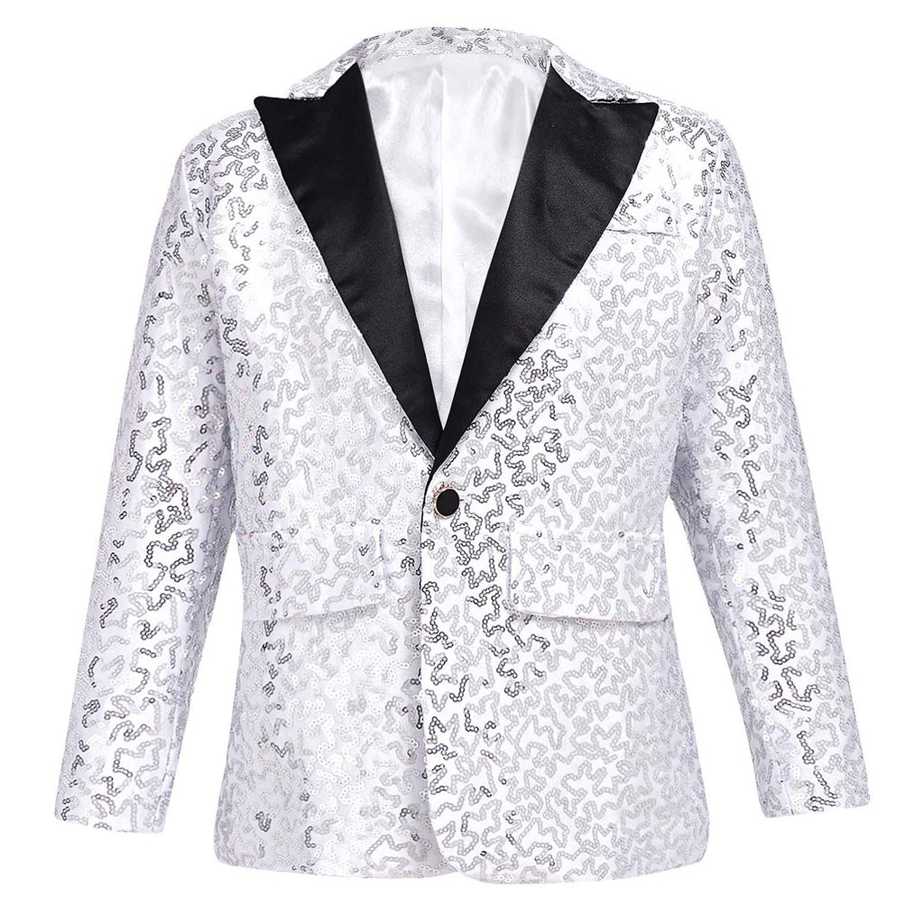 Kids Boys Fashion Shiny Sequins Lapel Suit One Button Jacket Coat Blazer Tuxedo for Wedding Birthday Party Stage Performance