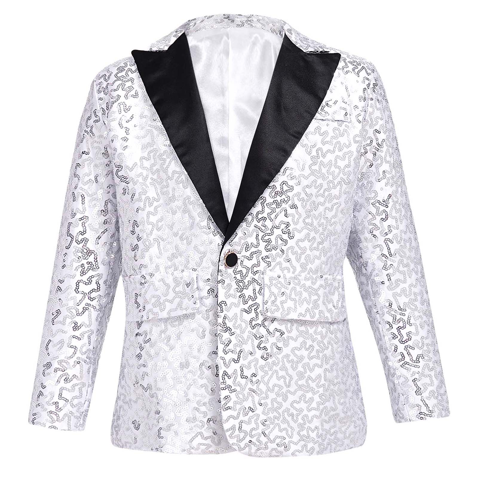 Kids Boys Fashion Shiny Sequins Lapel Suit One Button Jacket Coat Blazer Tuxedo for Wedding Birthday Party Stage Performance