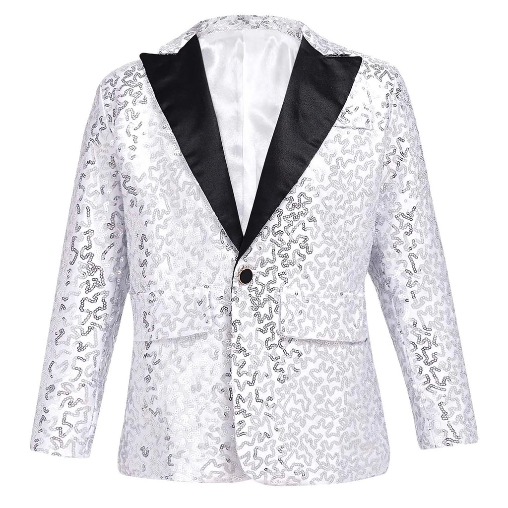 Kids Boys Fashion Shiny Sequins Lapel Suit One Button Jacket Coat Blazer Tuxedo for Wedding Birthday Party Stage Performance