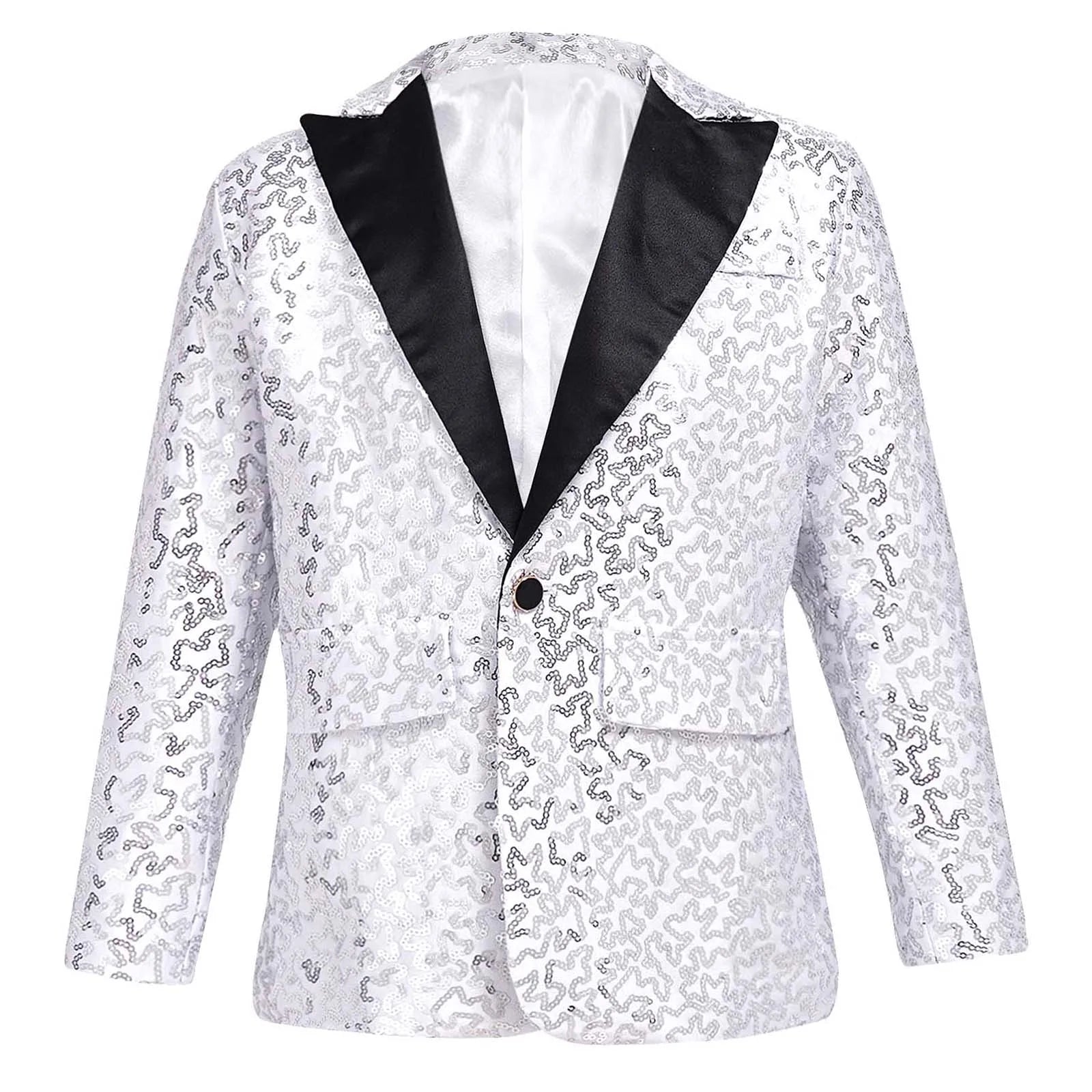 Kids Boys Fashion Shiny Sequins Lapel Suit One Button Jacket Coat Blazer Tuxedo for Wedding Birthday Party Stage Performance