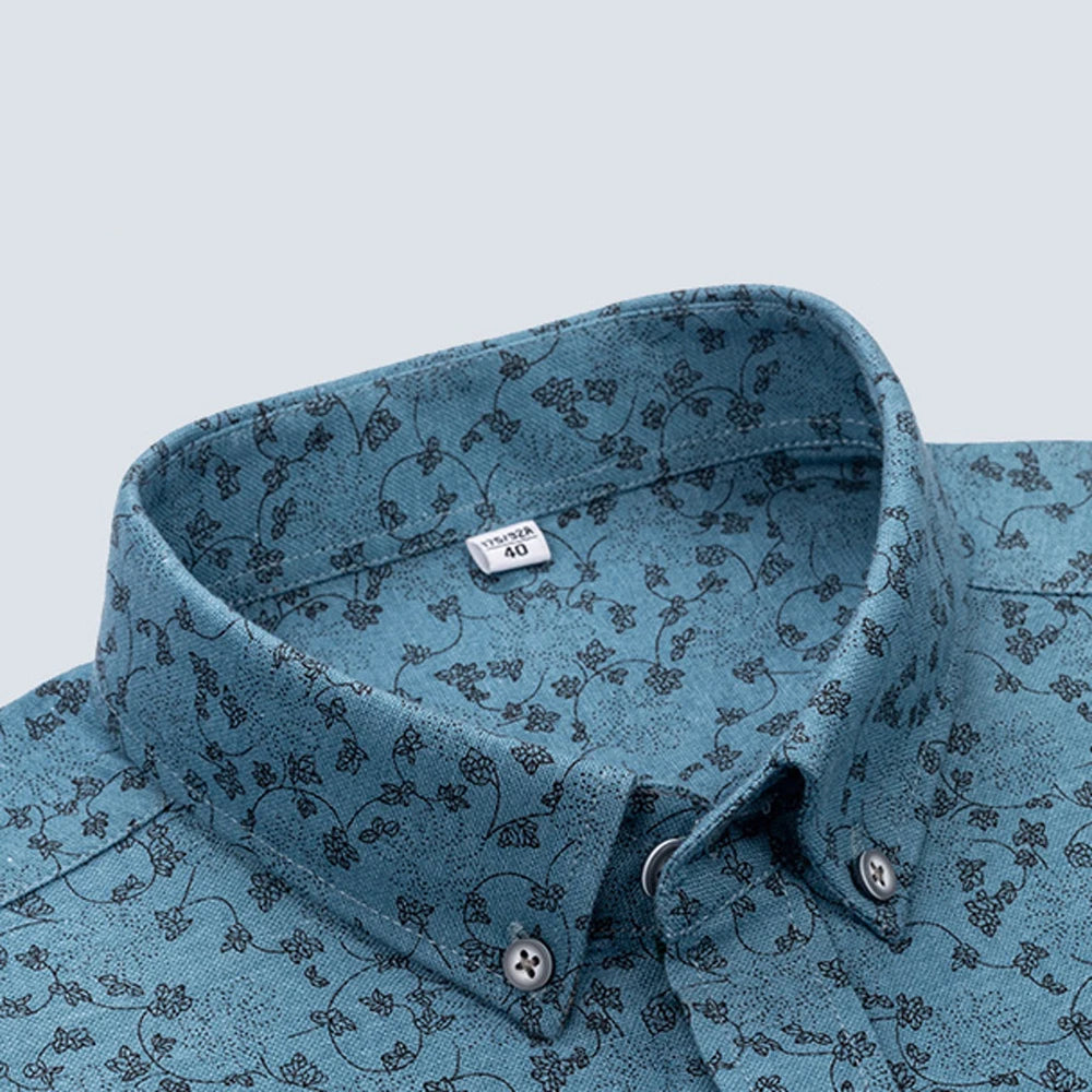 Men's Stylish Floral Print Button-Up Collar Dress Shirt with Stripe Placket, Holiday Style 100% Cotton Long Sleeve Oxford Shirts