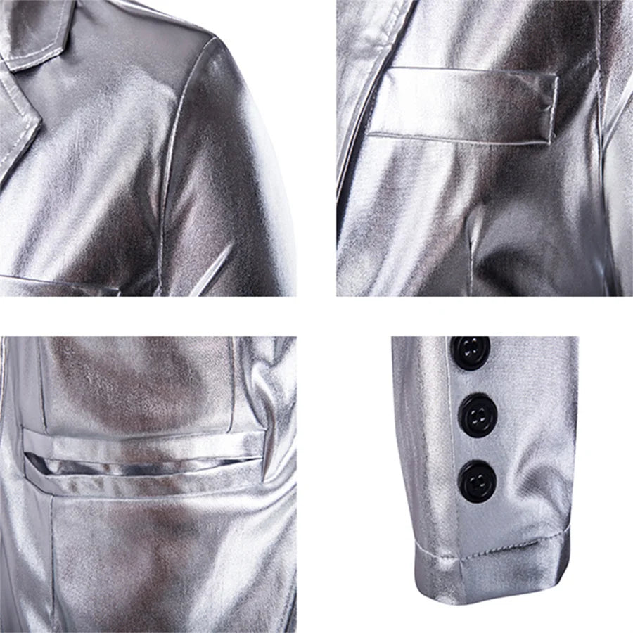 Men's Suit Slim Fit 2 Piece Sets Solid Shiny Party Gold Silver Suits for Men Wedding Prom Blazer Jacket and Pants Stage Costume