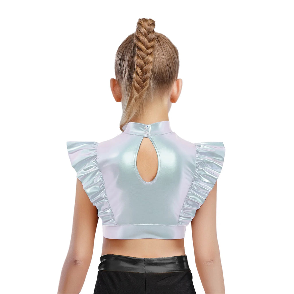 Kid Girls Hip Hop Dance Clothes Kids Jersey Sequin Tiered Skirt Long Tank Top Jazz Metallic Holographic Crop To Cheerleading Set