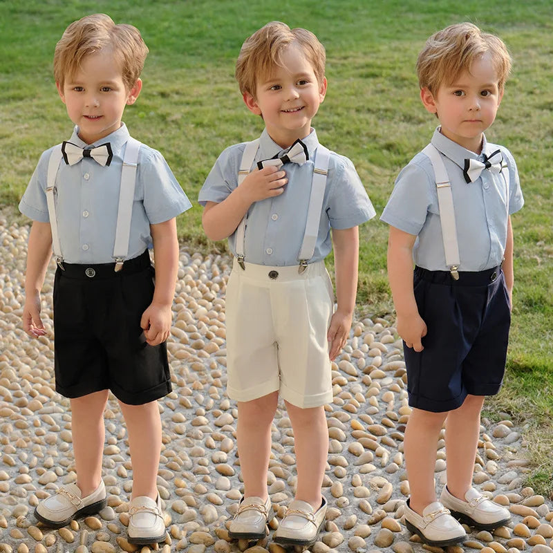 Kid Formal Strap Shirt Shorts Bowtie Clothing Set Gentleman Baby Toddler Tracksuit Elegant Boys Outfit Suit For Wedding Children