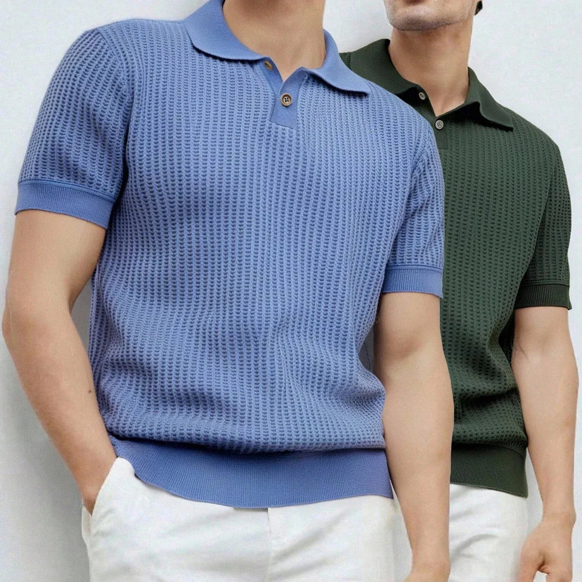 Mens Knit Shirts Short Sleeve Men's Textured Knit Polo Shirt Summer Short Sleeve Vacation Button Beach Knit Stretchy Golf Shirts