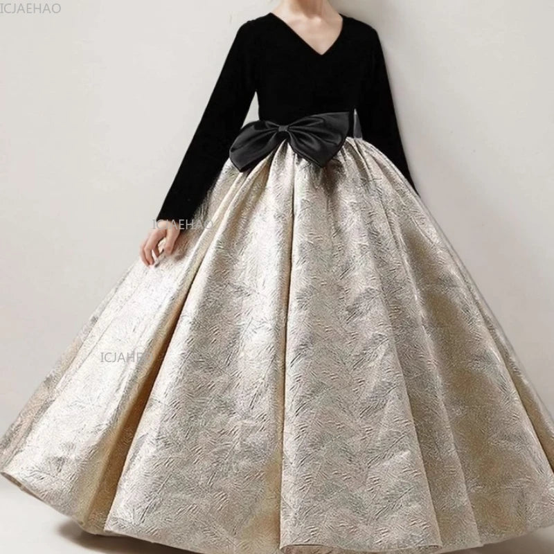 Girls Long Sleeve Black Party Dress New Kids Pageant Gown for Fashion Show Piano Performance Formal Wear Autumn Winter Children