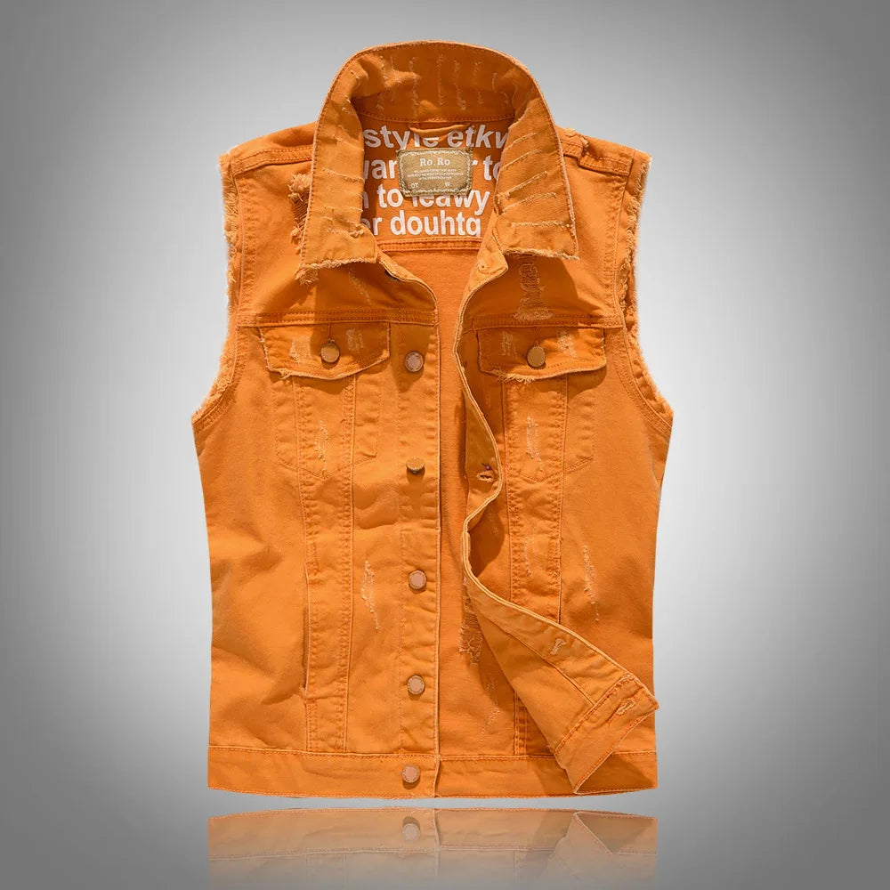 New Fashion Men Ripped Denim Vests Jackets Man Trendy Casual Sleeveless Coats Male Streetwear Personality Slim Jeans Waistcoats