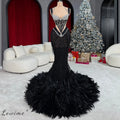 Aso Ebi Black Feather Mermaid Prom Dresses Beaded Tassel Crystal Sexy Lace Evening Gown Halter Neck Evening Gown Customized
