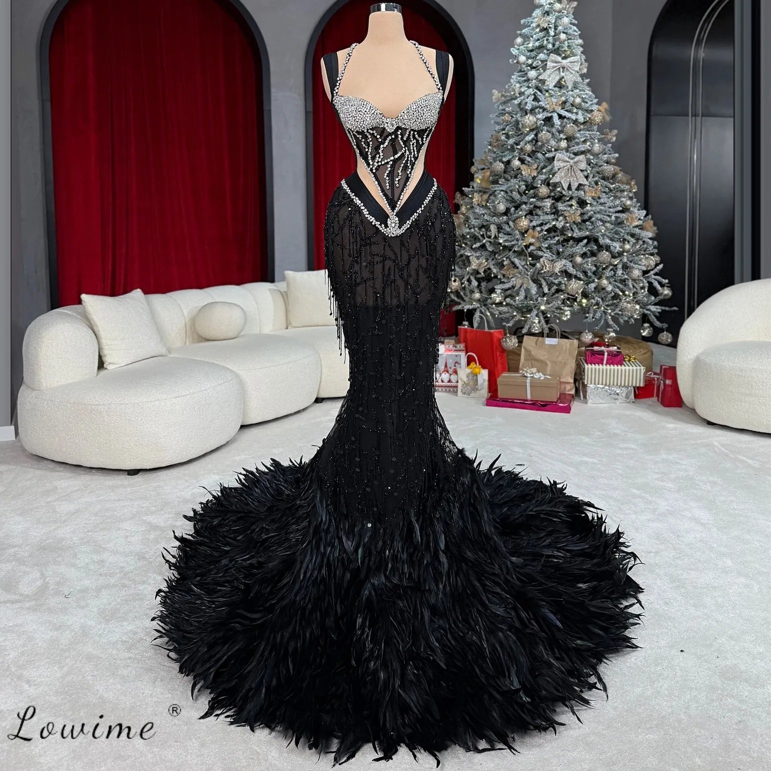 Aso Ebi Black Feather Mermaid Prom Dresses Beaded Tassel Crystal Sexy Lace Evening Gown Halter Neck Evening Gown Customized