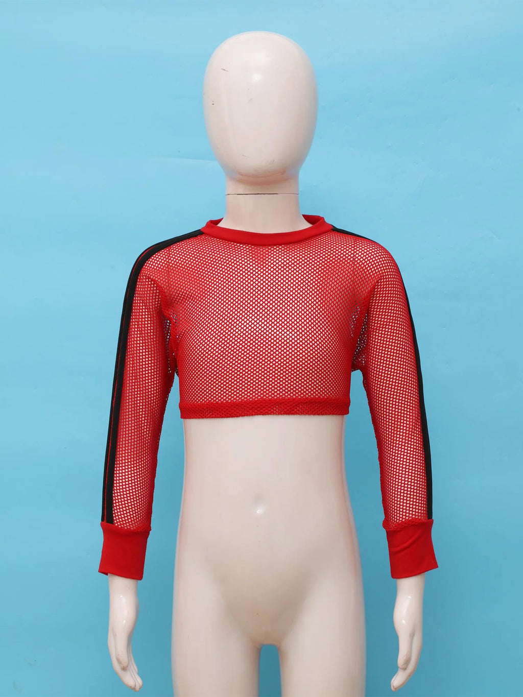 Kids Girls Fishnet T-shirt Hip Hop Street Dance Tops Long Sleeve Round Neck Hollow Out Mesh Crop Top for Workout Gym Sportswear