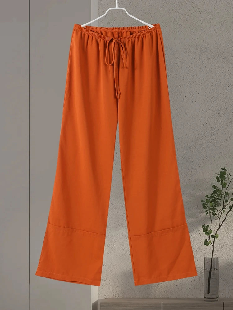 Shirt Trousers 2 Pieces Set For Women Solid Turn Down Collar Long Sleeves Single Breasted Top Lace Up Pants 2025 Ladies Outfits