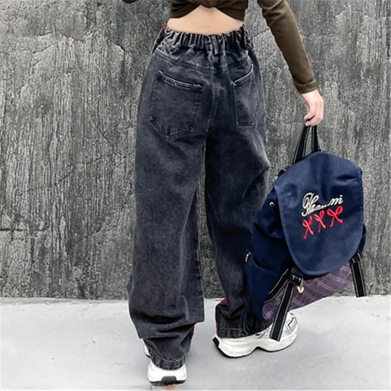 Kids Jeans for Girls Fashion Graffiti Dyeing 2025 Spring Autumn Hot Sales Teenager Unique Wide Leg Pants Korean Style Trousers