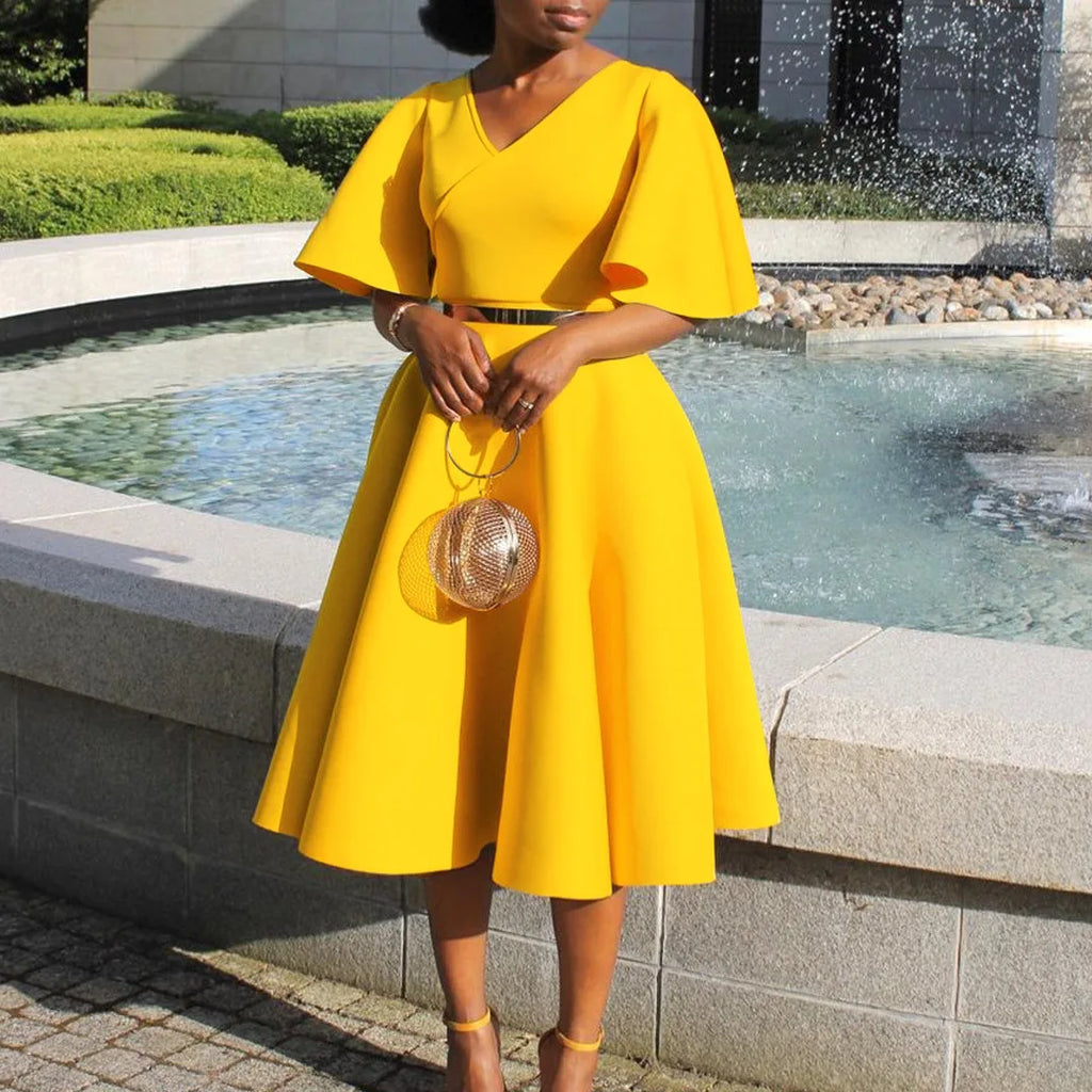 Summer Fashion African Women V-neck Polyester Short Flare Sleeve Red Black Pink Knee-length Dress African Dresses for Women