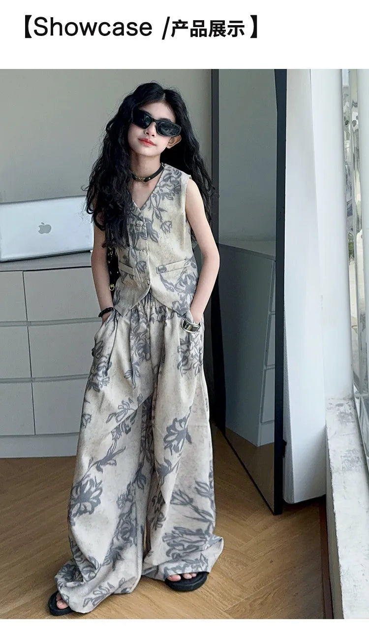 Summer Teenage Girls 2PCS Clothing Sets V-Neck Vest + Wide Leg Pants Fashion Print Cool Suit Streetwear Kids Vintage Tracksuits