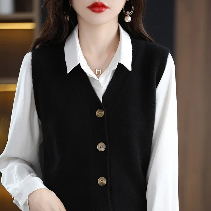 Girls Wear New Women's Loose High-End Waistcoat Knit Vest Wool V-Neck Solid Color Button Sleeveless Fashion Coat Cardigan Trend