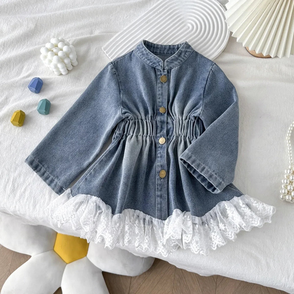 Girls' Denim Jacket 2025 Autumn Korean Version New Girls' Lace Patchwork Long Jacket